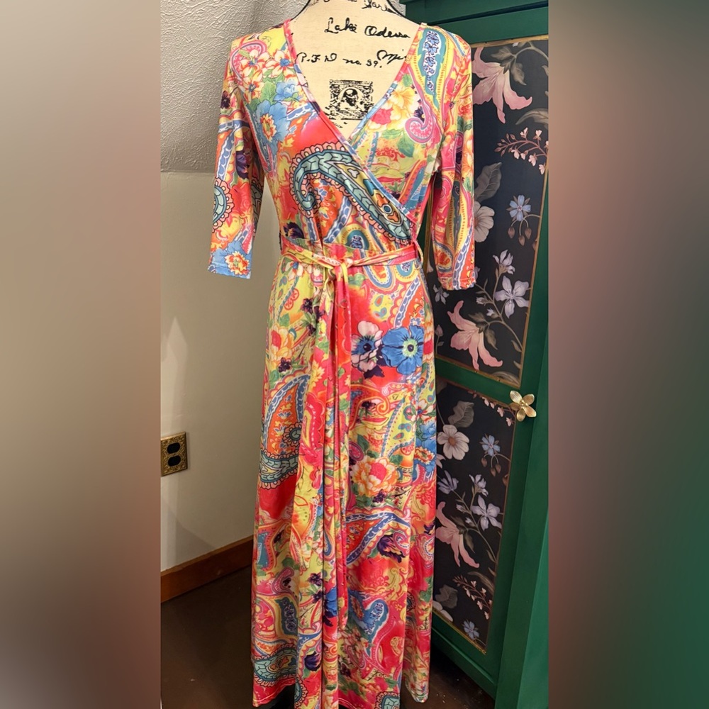 Colorful Paisley Faux Wrap Stretchy Maxi Dress